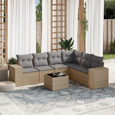 7-delige Loungeset met kussens poly rattan beige