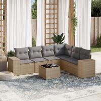 7-delige Loungeset met kussens poly rattan beige - thumbnail