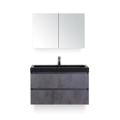 Maxx XL Badmeubelset 100 cm - Beton Antraciet - Wastafel Lucca 1 kraangat - met Spiegelkast