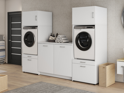Kast WASHING 2 machines met kast met werkblad wit met 2 opzetkasten