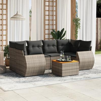 7-delige Loungeset met kussens poly rattan grijs