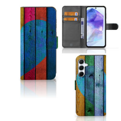 Samsung Galaxy A55 | Book Style Case | Wood Heart - Cadeau voor je Vriend Samsung Galaxy A55 | Book Style Case | Wood Heart - Cadeau voor je Vriend