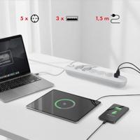 Maclean stekkerdoos, 5-polige verlengkabel + 3xUSB, 110-240V AC 50/60Hz, 2,1A max 2500W, 1,5m, wit, MCE395 W - thumbnail
