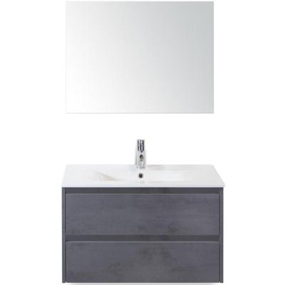 Dante Badmeubelset 80 cm - Beton Antraciet - Keramische Wastafel Wit Enjoy met Spiegel