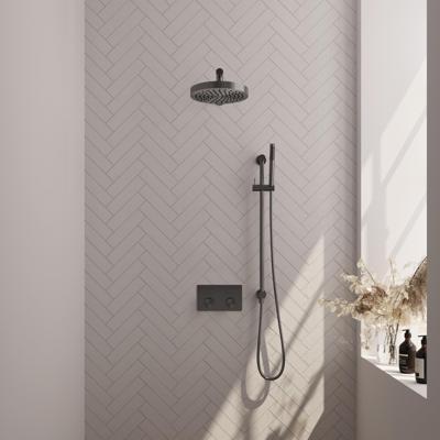 Brauer Stripe thermostatische inbouw regendouche met drukknoppen SET 31 met 25 cm douchekop en rechte muurarm en staaf handdouche en doucheslang en geintegreerde glijstang gunmetal geborsteld PVD