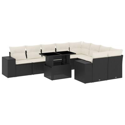 10-delige Loungeset met kussens poly rattan zwart