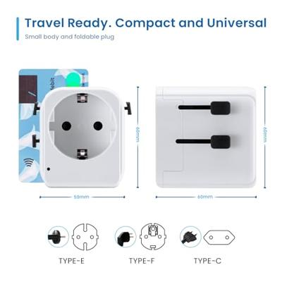Reisadapter, Ewent universele reisadapter met Schuko-stopcontact met 1 USB-oplaadpoort type C en 1 USB-poort, reisadapter Italië Engeland Duitsland VS Australië China