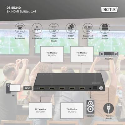 Digitus DS-55340 4 poorten HDMI-splitter Individueel schakelbaar, LED-weergave, Met status-LEDs, Ultra HD-geschikt, Voor intern gebruik, Met metalen behuizing Digitus DS-55340 4 poorten HDMI-splitter Individueel schakelbaar, LED-weergave, Met status-LEDs, Ultra HD-geschikt, Voor intern gebruik, Met metalen behuizing