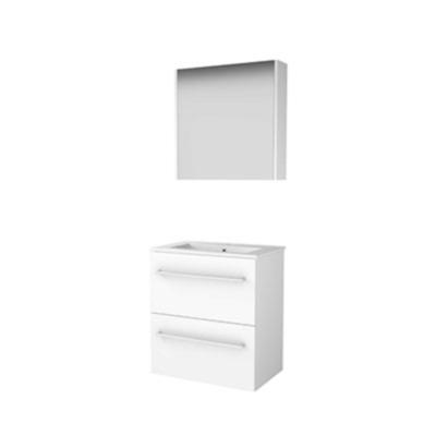 Basic-Line Comfort 39 Badkamermeubelset - Ondiep - 60 x 39 cm - Met Grepen - 2 Lades - Keramische Wastafel - 1 Kraangat - Spiegelkast - Ice White