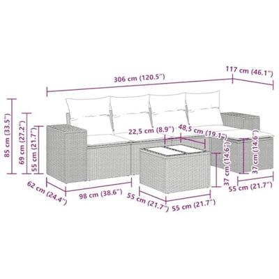 6-delige Loungeset met kussens poly rattan grijs
