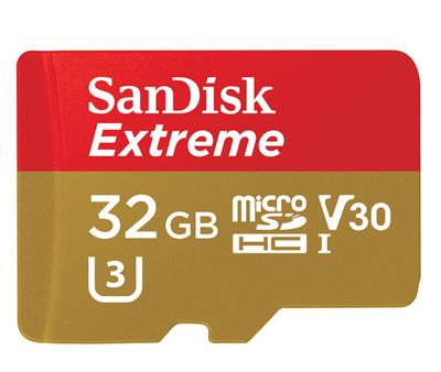 SanDisk Extreme® Action Cam microSDHC-kaart 32 GB Class 10, UHS-I, UHS-Class 3, v30 Video Speed Class Incl. SD-adapter, A1-vermogensstandaard SanDisk Extreme® Action Cam microSDHC-kaart 32 GB Class 10, UHS-I, UHS-Class 3, v30 Video Speed Class Incl. SD-adapter, A1-vermogensstandaard