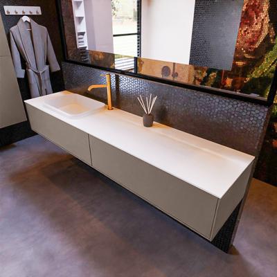 Badkamermeubelset Mondiaz Erin 200 cm met 2 Lades met RIDGE Wastafel Links Talc met 1 kraangat Greeploos Mat Smoke