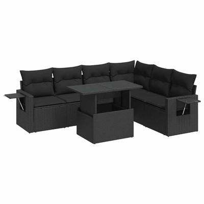 7-delige Loungeset met kussens poly rattan zwart