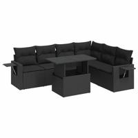 7-delige Loungeset met kussens poly rattan zwart - thumbnail