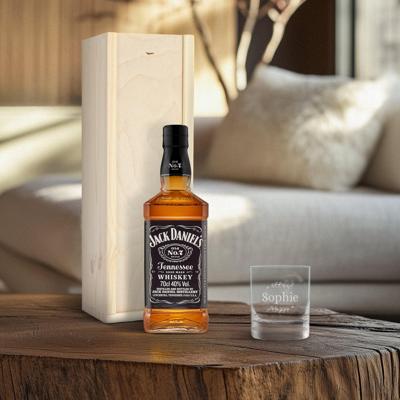Jack Daniels whiskeypakket met gegraveerd glas Jack Daniels whiskeypakket met gegraveerd glas