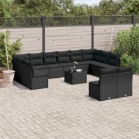 12-delige Loungeset met kussens poly rattan zwart - thumbnail
