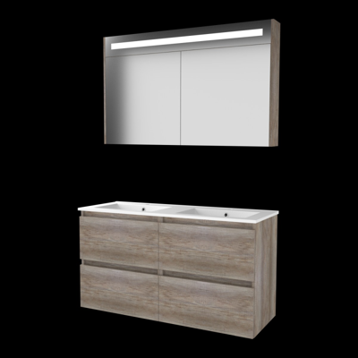 Basic-Line Premium 46 Badkamermeubelset - 120 x 46 cm - Greeploos - 4 Lades - Keramische Wastafel - 2 Kraangaten - Spiegelkast met LED Verlichting - Scotch Oak