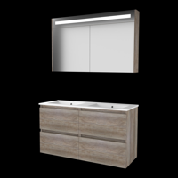 Basic-Line Premium 46 Badkamermeubelset - 120 x 46 cm - Greeploos - 4 Lades - Keramische Wastafel - 2 Kraangaten - Spiegelkast met LED Verlichting - Scotch Oak - thumbnail