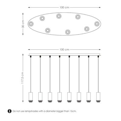 Metaal kroonluchter - Industrie hanglamp - Zwart - Met 8 pcs lampvoeten - Ontworpen voor Eetkamer en Slaapkamer - 100 x 30 x 117.5cm - set met E27 Lamphouder - voor Lampenkap met Doorsnede max 15cm - Gloeilamp Niet Inbegrepen - thumbnail