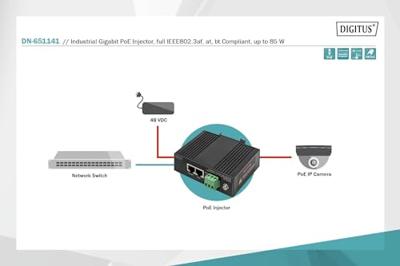 Digitus DN-651141 PoE-injector 10 / 100 / 1000 MBit/s IEEE 802.3af (12.95 W), IEEE 802.3at (25.5 W), IEEE 802.3bt, IEEE 802.3at (30 W), IEEE 802.3af (15.4 W)