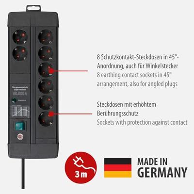 Brennenstuhl Premium-Line | 60.000 A | stekkerdoos | met overspanningsbeveiliging | 8-voudig | Duo | zwart | 3m | H05VV-F 3G1,5 1256000698 - thumbnail