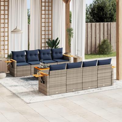 9-delige Loungeset met kussens poly rattan grijs