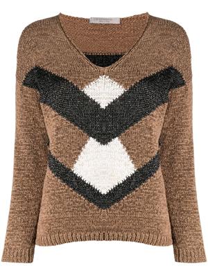 D.Exterior panelled intarsia jumper - Brown