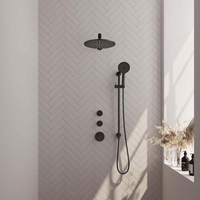 Black Edition thermostatische inbouw regendouche SET 20, 30 cm douchekop, rechte muurarm, 3-standen handdouche, doucheslang en geïntegreerde glijstang mat zwart