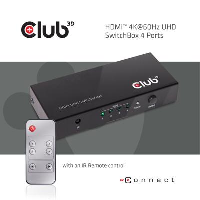 Club 3D hdmi 2.0 uhd switchbox 4 ports adapter (zwart, csv-1370)