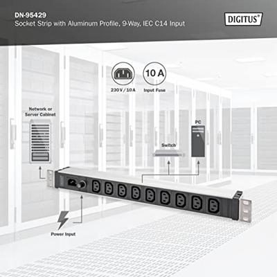 Digitus DN-95429 19 inch Stekkerdoos voor patchkast 1 HE Apparaatcontactdoos C13 10A Geschikt voor kastdiepte: vanaf 300 mm Aluminium, Aluminium (geëloxeerd),