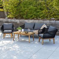 Nohr Loungeset 'Chandni' Acaciahout, Met bank, tafel en 2 stoelen, kleur Zwart - thumbnail