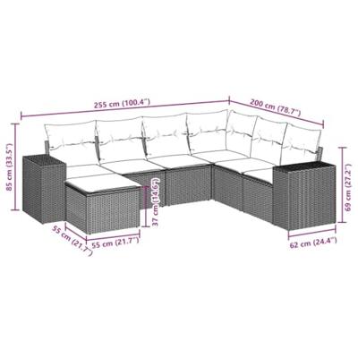 7-delige Loungeset met kussens poly rattan beige
