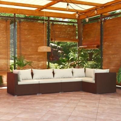 5-delige Loungeset met kussens poly rattan bruin
