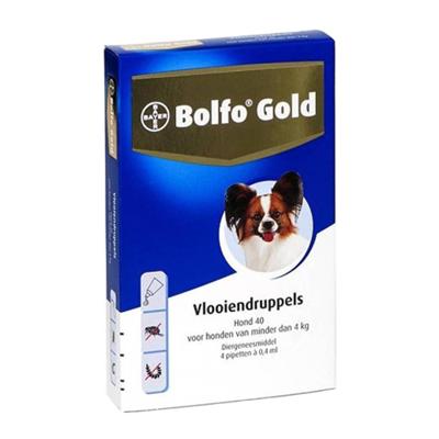 Bolfo Gold 40 Vlooiendruppels voor kleine hond (tot 4 kg) 2 x 4 pipetten Bolfo Gold 40 Vlooiendruppels voor kleine hond (tot 4 kg) 2 x 4 pipetten