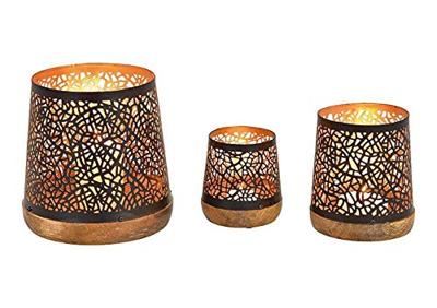 Windlichtset van metaal op mangohouten sokkel, zwart/goud, 3-delige set (B/H/D) 17x19x17cm 12x14x12cm 10x11x10cm
