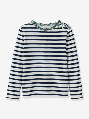 T-shirt met Bretonse strepen voor meisjes, liberty® stof, biologisch katoen CYRILLUS, lange mouwen blauw T-shirt met Bretonse strepen voor meisjes, liberty® stof, biologisch katoen CYRILLUS, lange mouwen blauw