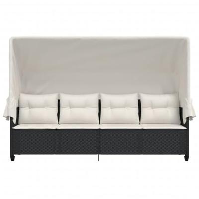 Ligbed met luifel en kussens poly rattan zwart