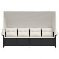 Ligbed met luifel en kussens poly rattan zwart - thumbnail