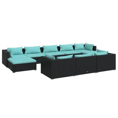 10-delige Loungeset met kussens poly rattan zwart