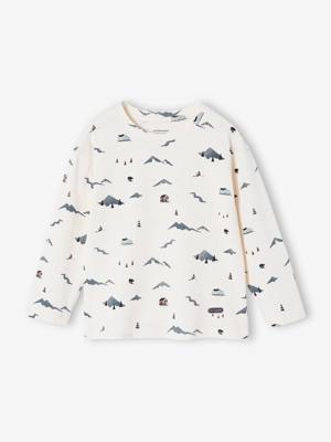 T-shirt jongens met bergthema-afbeeldingen ecru