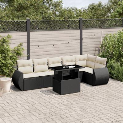 7-delige Loungeset met kussens poly rattan zwart - thumbnail