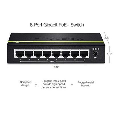 TRENDnet TPE-TG80G 8-poorts Gigabit PoE + -switch 8 x Gigabit PoE + poorten, 123 W PoE prestatiebudget, desktop ethernet-netwerkschakelaar, metaal