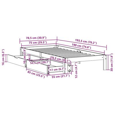 Bedframe met lades massief grenenhout wasbruin 75x190 cm