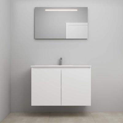 On-Line Badkamermeubelset - 100 cm - Voorgemonteerd - Greeploos 2 Deuren - Porseleinen Wastafel - 1 Kraangat - Spiegel met LED-Verlichting - Mat Wit