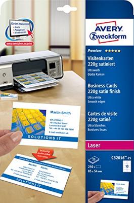 Avery-Zweckform C32016-25 Bedrukbare visitekaarten, gladde kant 85 x 54 mm Wit 250 stuk(s) Papierformaat: DIN A4