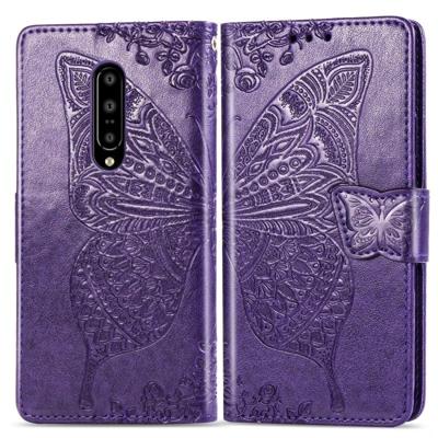 Butterfly Love bloemen reliëf horizontale Flip lederen case voor OnePlus 7 Pro met houder & kaartsleuven & portemonnee & Lanyard (donker paars)
