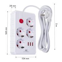 Maclean stekkerdoos, 4-polige verlengkabel + 3xUSB, 110-240V AC 50/60Hz, 2,1A max 2500W, 3m, wit, MCE393 W - thumbnail
