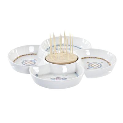 Snackdienblad DKD Home Decor Blauw Natuurlijk Bamboe Keramiek Mediterrane 25 x 25 x 10 cm