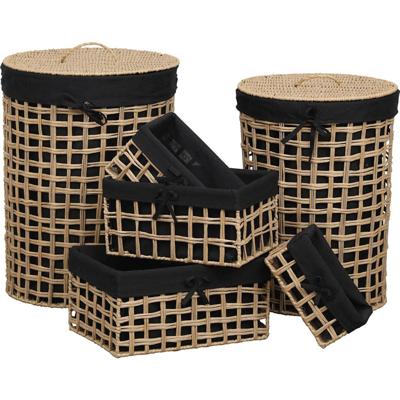 6 Delige Set van Gewoven Riet/Papier Open Opbergmanden - 6 stuks - Naturel/Zwart- Afgewerkt met zwart linnen - Opbermand - Wasmand - Maten hxbxl 1)60x45x45cm 2)55x40x40cm 3)20x40x28cm 4)18x25x23cm 5)15x30x18cm 6)12x25x13cm