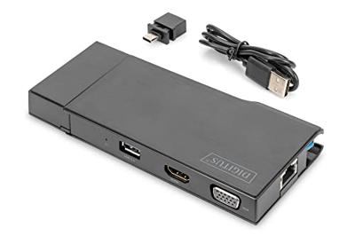 DIGITUS USB-C Travel Docking Station - 7 Poorten - 1x HDMI, 1x VGA (4K@30Hz) - 2x USB 3.0 / USB 2.0 - RJ45 LAN, Kaartlezer - Zwart